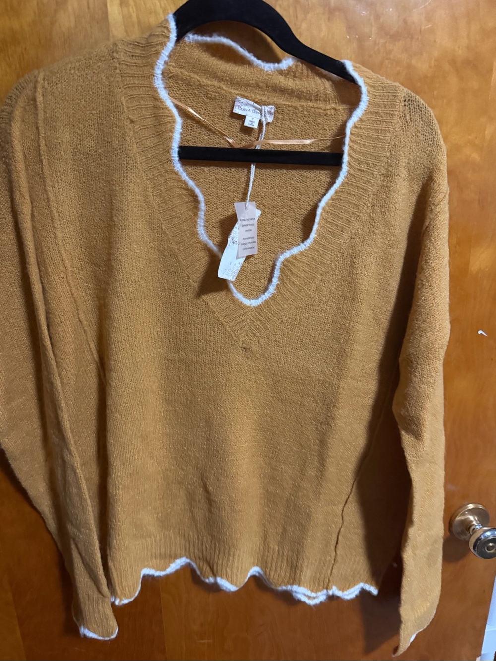 Ada Mustard V-Neck Sweater with White Scalloped Trim